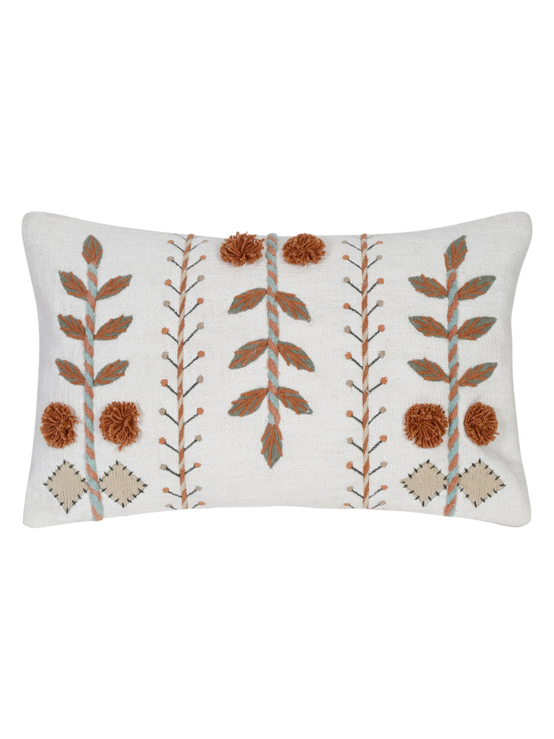 Set of 2 White & Rust Cotton Embroidered Square Cushion Covers