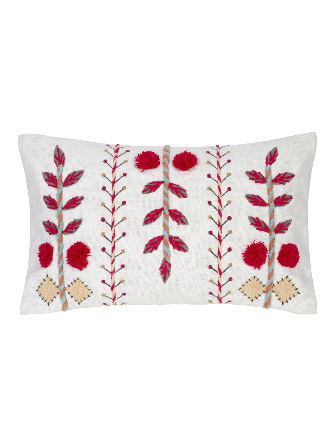 Set of 2 White & Magenta Cotton Embroidered Square Cushion Covers