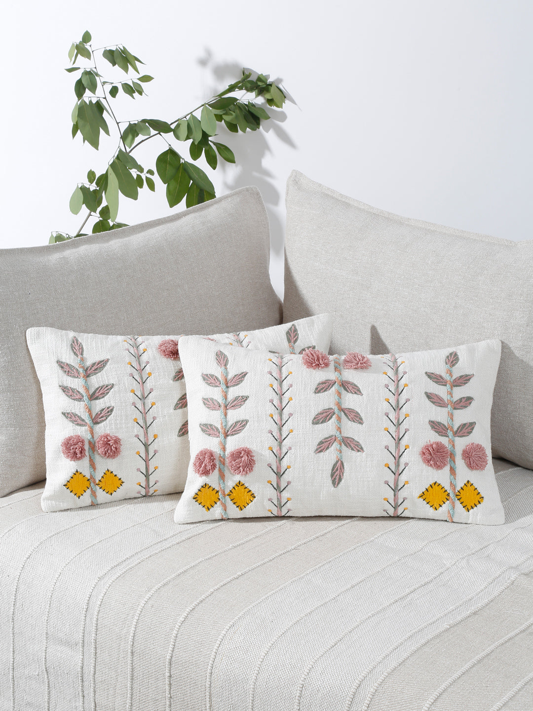 Set of 2 White & Pink Cotton Embroidered Square Cushion Covers