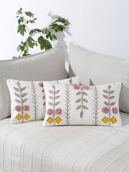 Set of 2 White & Pink Cotton Embroidered Square Cushion Covers