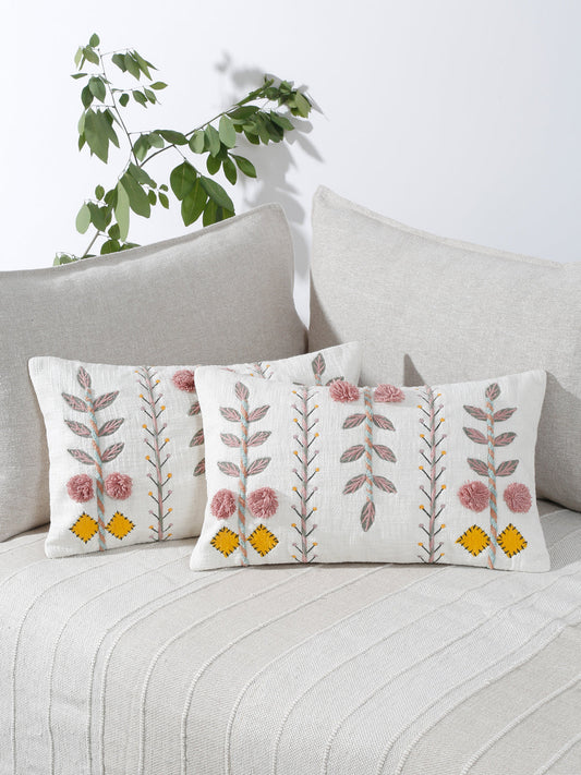 Set of 2 White & Pink Cotton Embroidered Square Cushion Covers