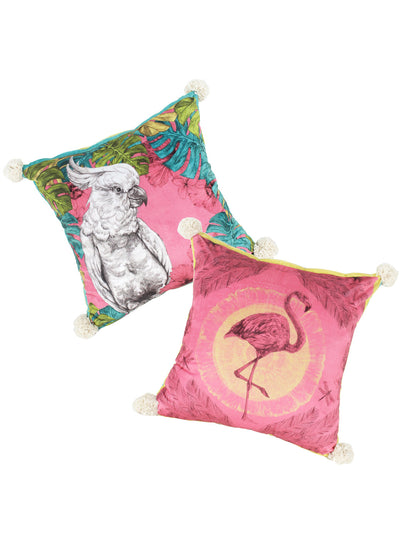 Pink Set of 2 Floral Square Velvet Reversible Cushion Covers