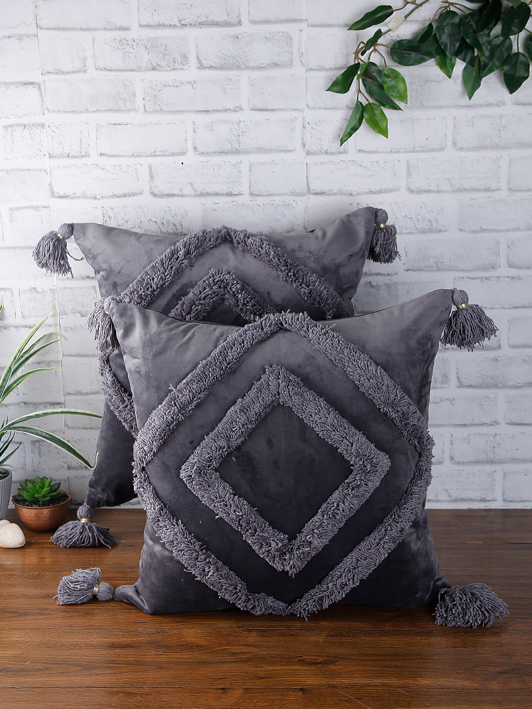 Set of 2 Grey Textured Square Velvet Sustainable Cushion Covers