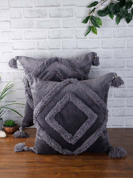 Set of 2 Grey Textured Square Velvet Sustainable Cushion Covers
