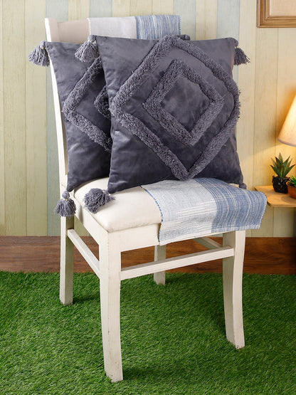 Set of 2 Grey Textured Square Velvet Sustainable Cushion Covers