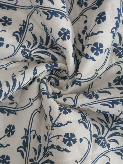 Rajasthan Decor White and Blue Quilted Printed Cotton 1 Seater Sofa Cover