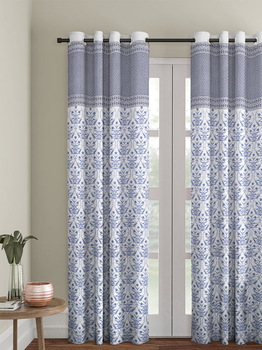 Screen Print Cotton White and Blue Floral Door Curtain Single Pc (51x85 Inch)