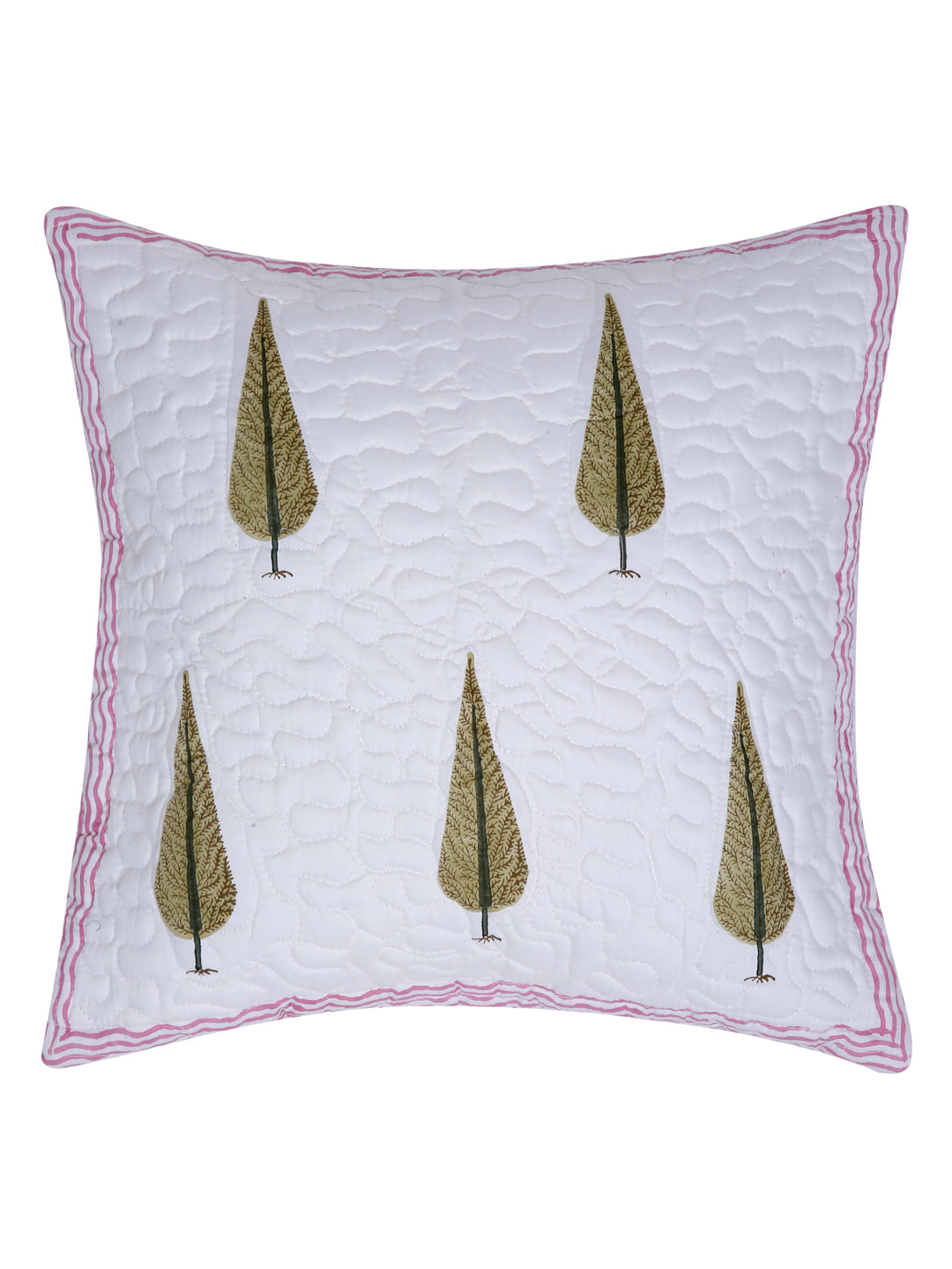 White and Beige Hand Block Quilted Pure Cotton Floral Cushion Cover Set of 2 (16x16 Inch)