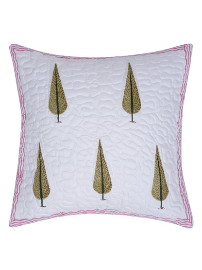 White and Beige Hand Block Quilted Pure Cotton Floral Cushion Cover Set of 2 (16x16 Inch)