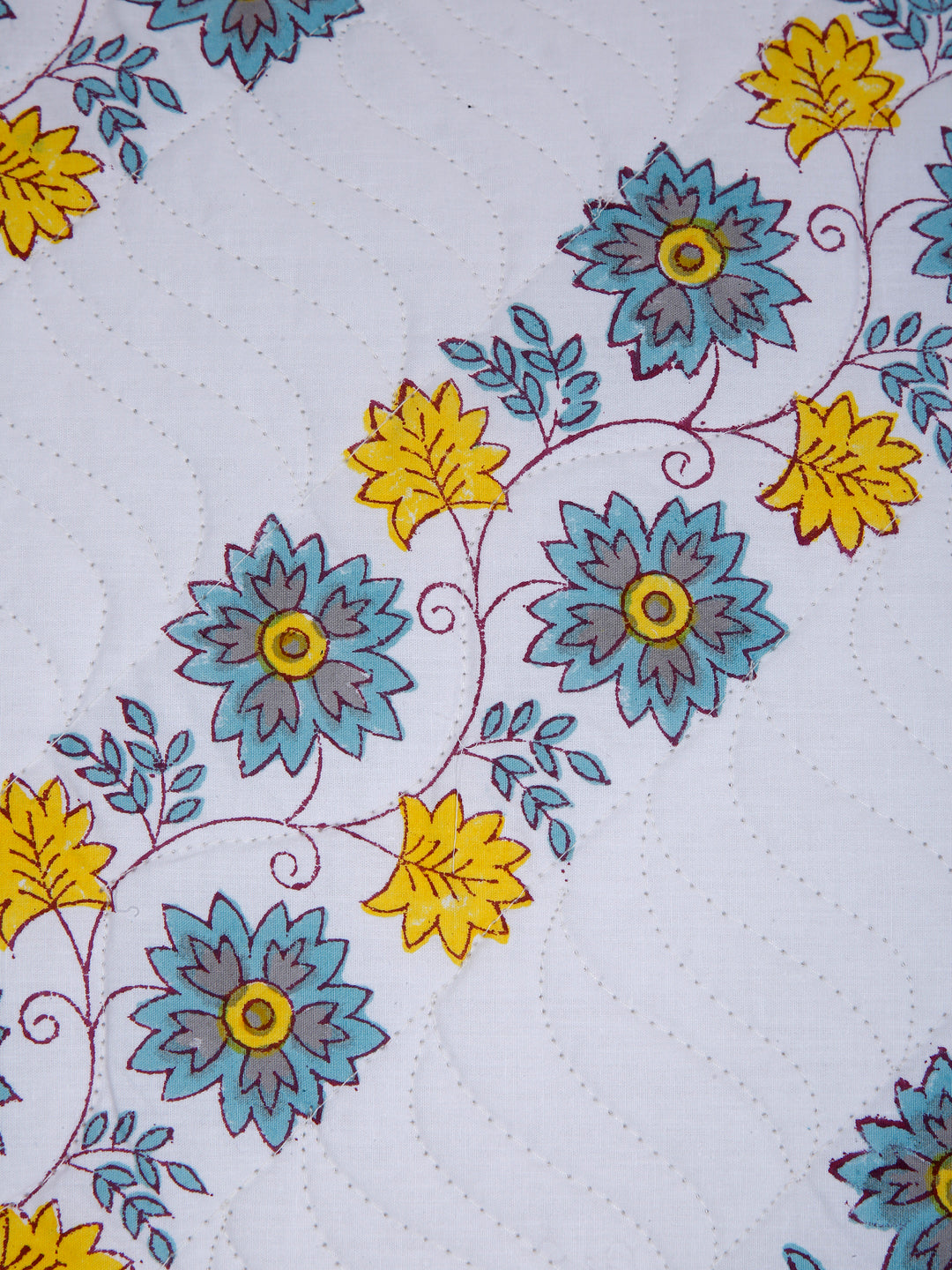 White Hand Block Quilted Pure Cotton Blue and Yellow Floral Cushion Cover Set of 2 (16x16 Inch)