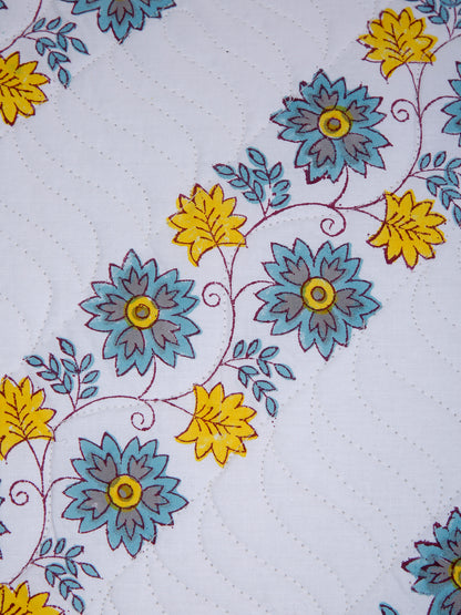 White Hand Block Quilted Pure Cotton Blue and Yellow Floral Cushion Cover Set of 2 (16x16 Inch)