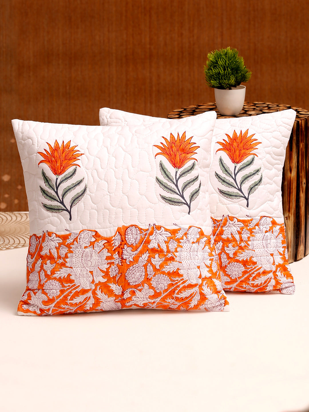 White and Orange Hand Block Quilted Pure Cotton Floral Cushion Cover Set of 2 (16x16 Inch)