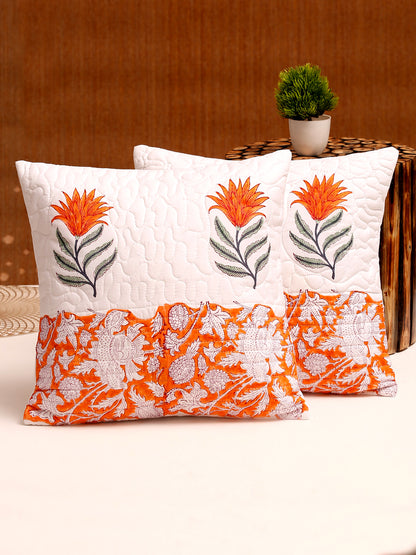 White and Orange Hand Block Quilted Pure Cotton Floral Cushion Cover Set of 2 (16x16 Inch)