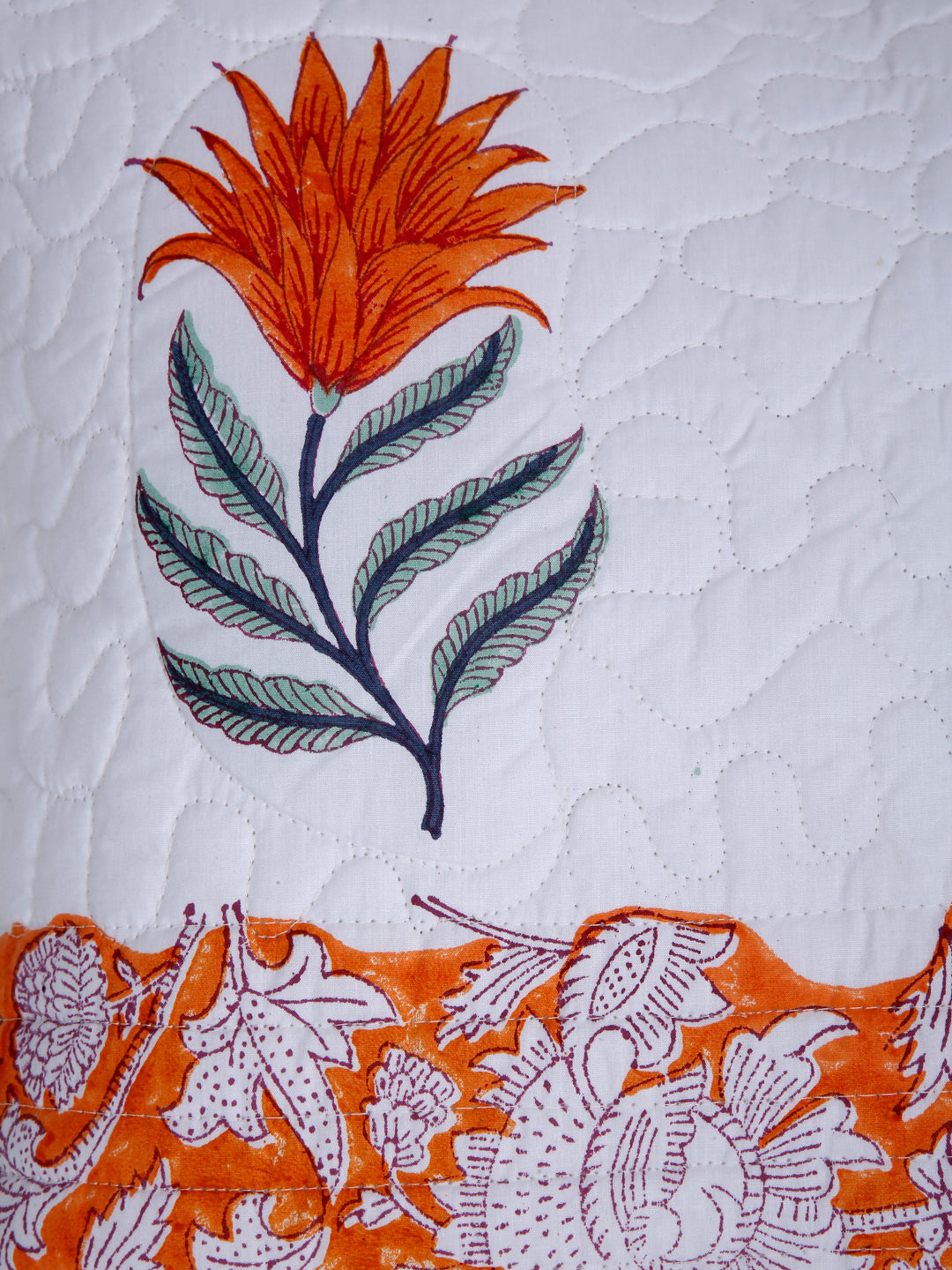 White and Orange Hand Block Quilted Pure Cotton Floral Cushion Cover Set of 2 (16x16 Inch)