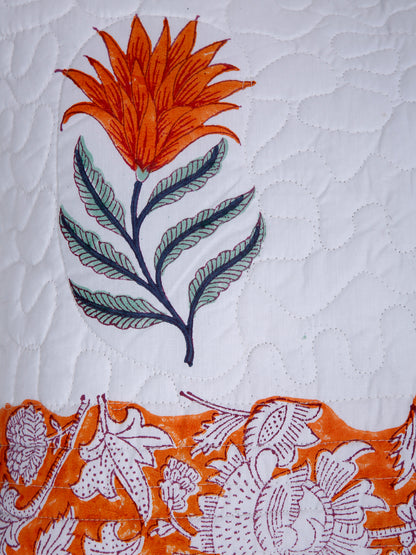 White and Orange Hand Block Quilted Pure Cotton Floral Cushion Cover Set of 2 (16x16 Inch)