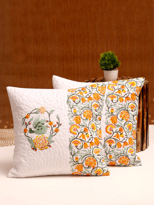 White Color Hand Block Quilted Pure Cotton Yellow Floral and Bird Printed Cushion Cover Set of 2 (16x16 Inch)