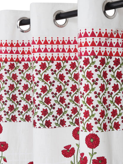 Screen Print Cotton White and Pink Floral Long Door Curtain Single Pc (51x108 inch)