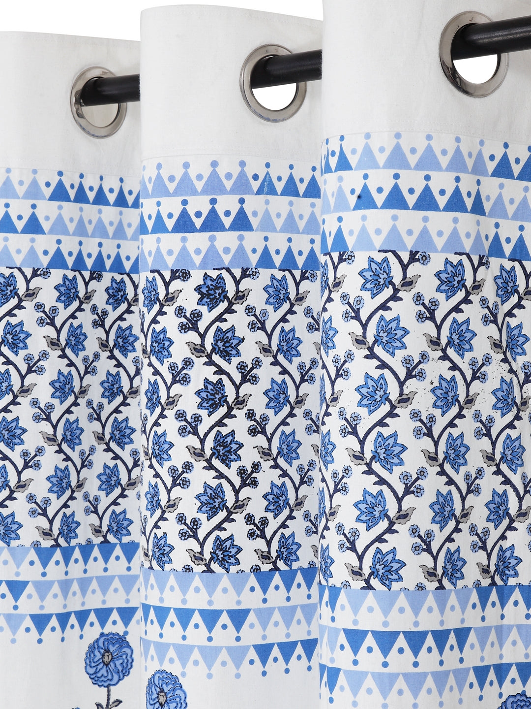 Rajsthan Decor Screen Print Cotton White and Blue Floral Window Curtain Single Pc (51x62 Inch)