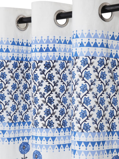 Rajsthan Decor Screen Print Cotton White and Blue Floral Window Curtain Single Pc (51x62 Inch)
