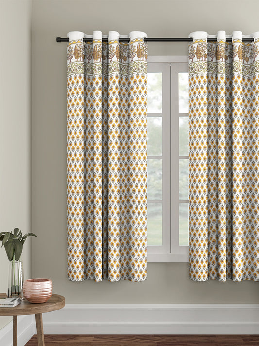 Rajsthan Decor Screen Print Cotton White and Yellow Floral Window Curtain Single Pc (51x62 Inch)