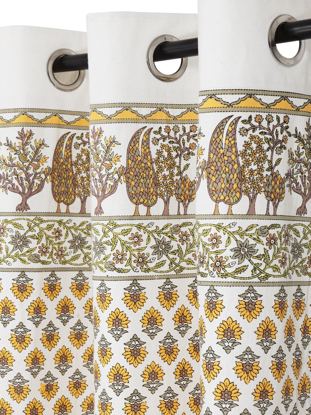 Rajsthan Decor Screen Print Cotton White and Yellow Floral Window Curtain Single Pc (51x62 Inch)