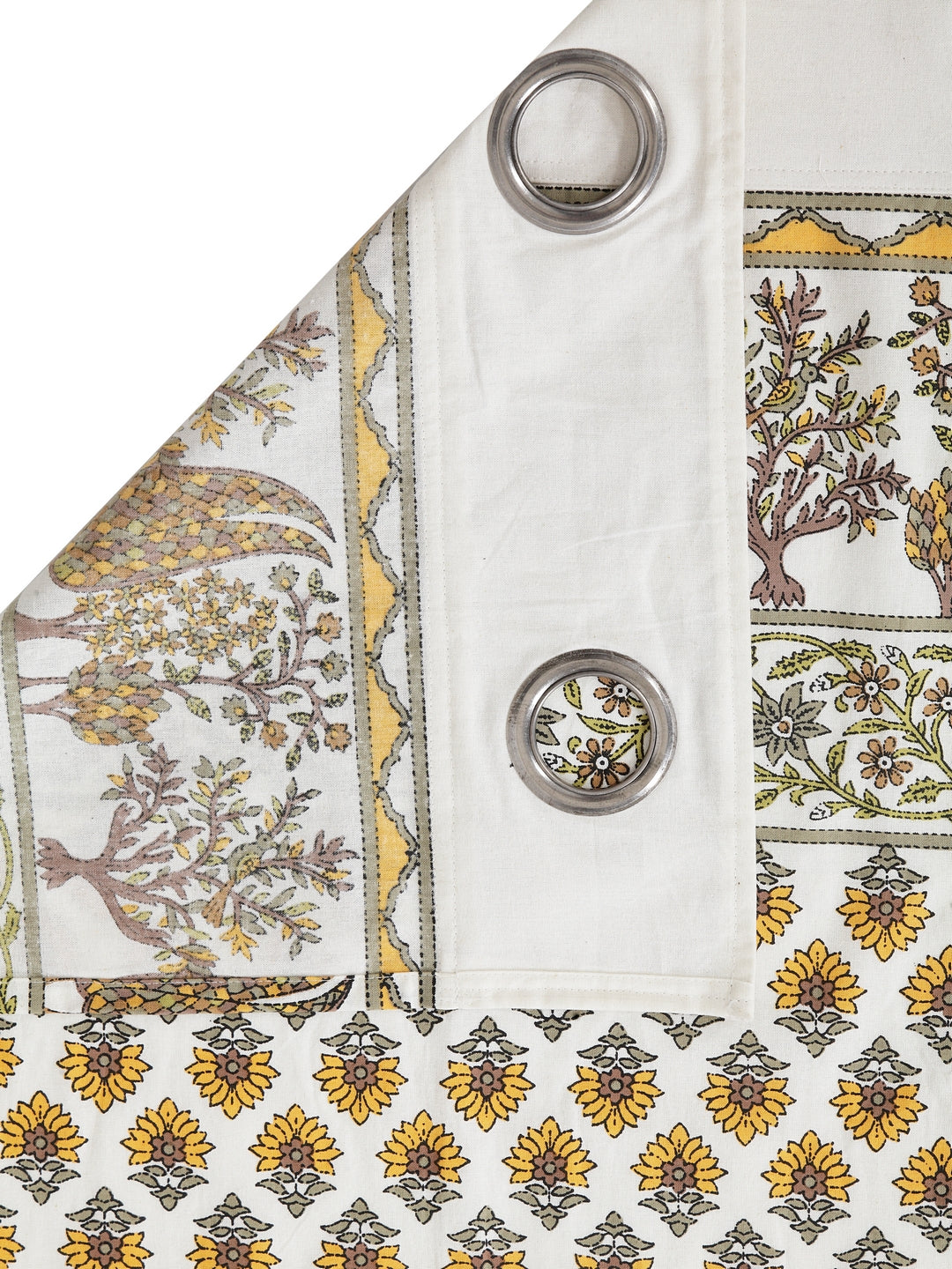 Rajsthan Decor Screen Print Cotton White and Yellow Floral Window Curtain Single Pc (51x62 Inch)