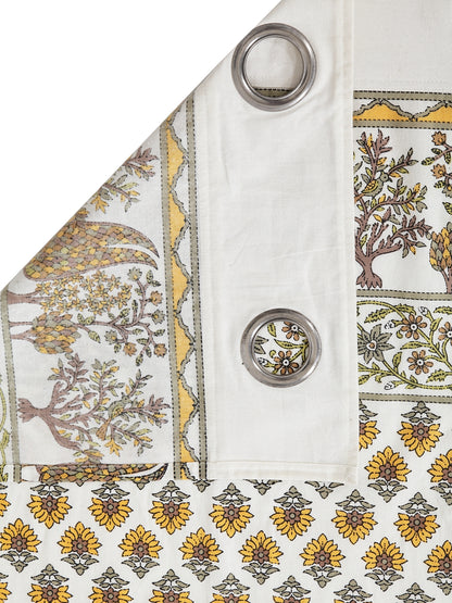 Rajsthan Decor Screen Print Cotton White and Yellow Floral Window Curtain Single Pc (51x62 Inch)