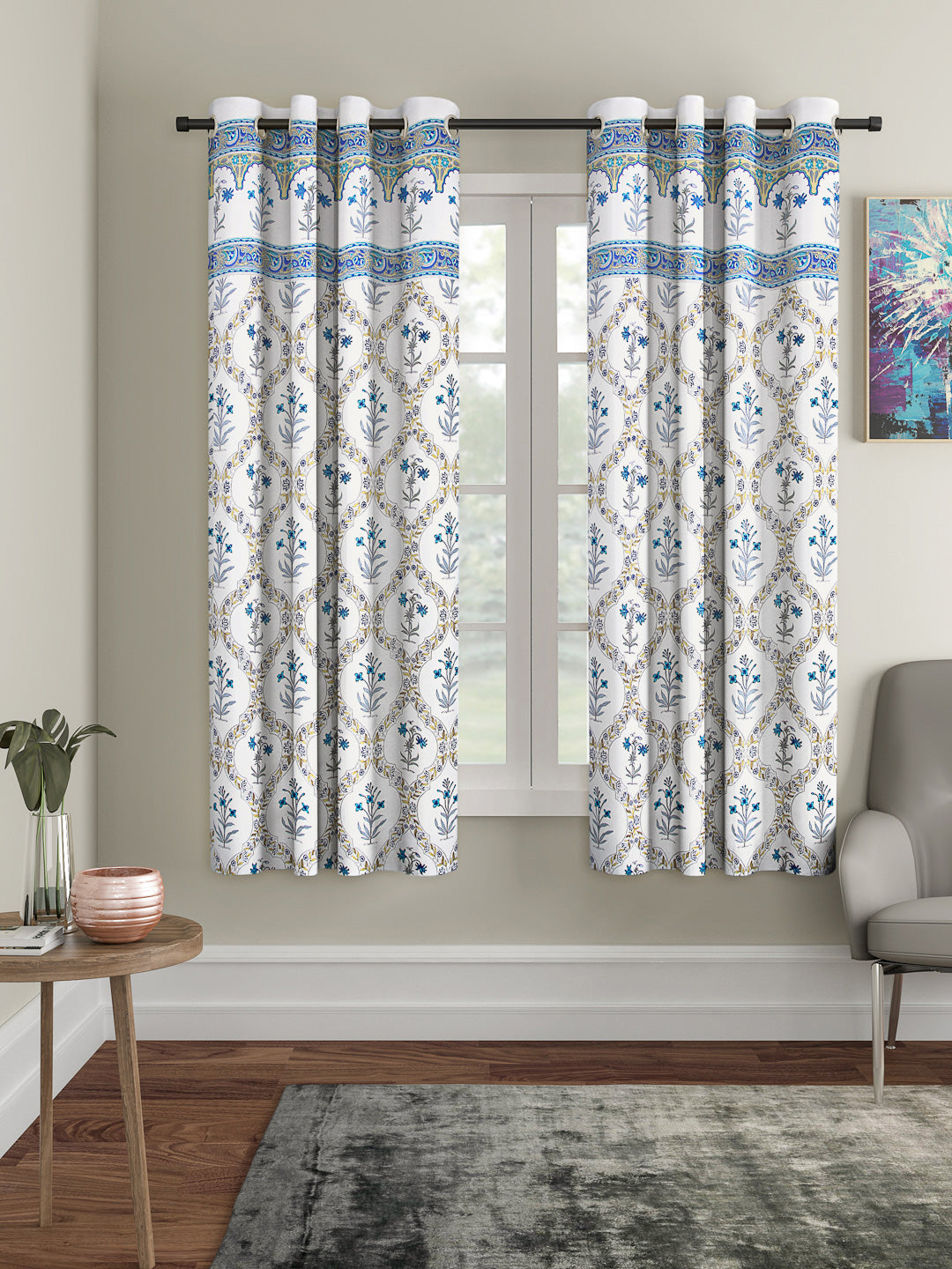 Screen Print Cotton White Floral Window Curtain Set of 2 (51x62 Inch)