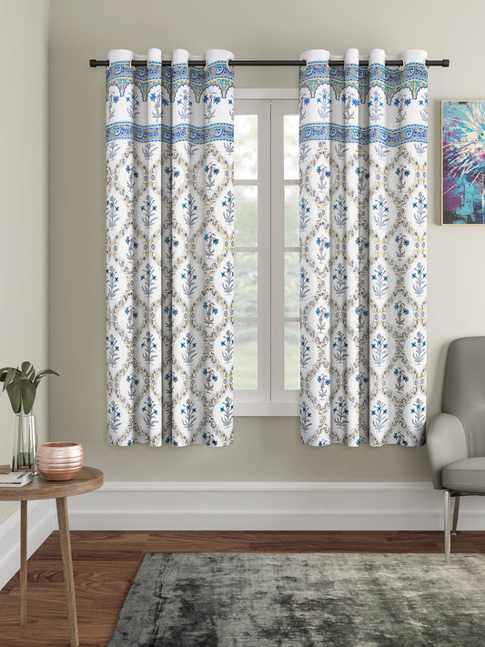 Screen Print Cotton White Floral Window Curtain Set of 2 (51x62 Inch)