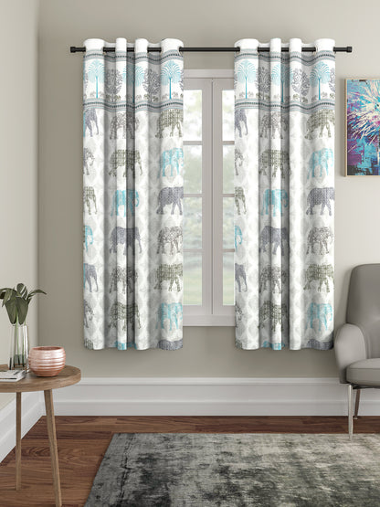 Rajsthan Decor Animal Print White Color Cotton Window Curtain Set of 2 (51x62 Inch)