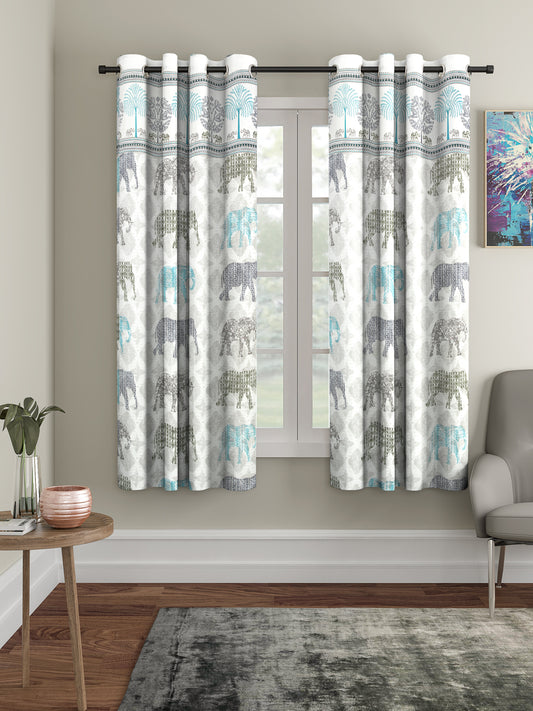 Rajsthan Decor Animal Print White Color Cotton Window Curtain Set of 2 (51x62 Inch)