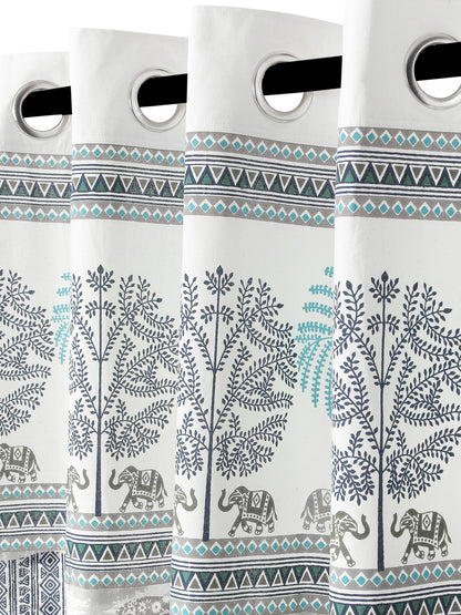 Rajsthan Decor Animal Print White Color Cotton Window Curtain Set of 2 (51x62 Inch)